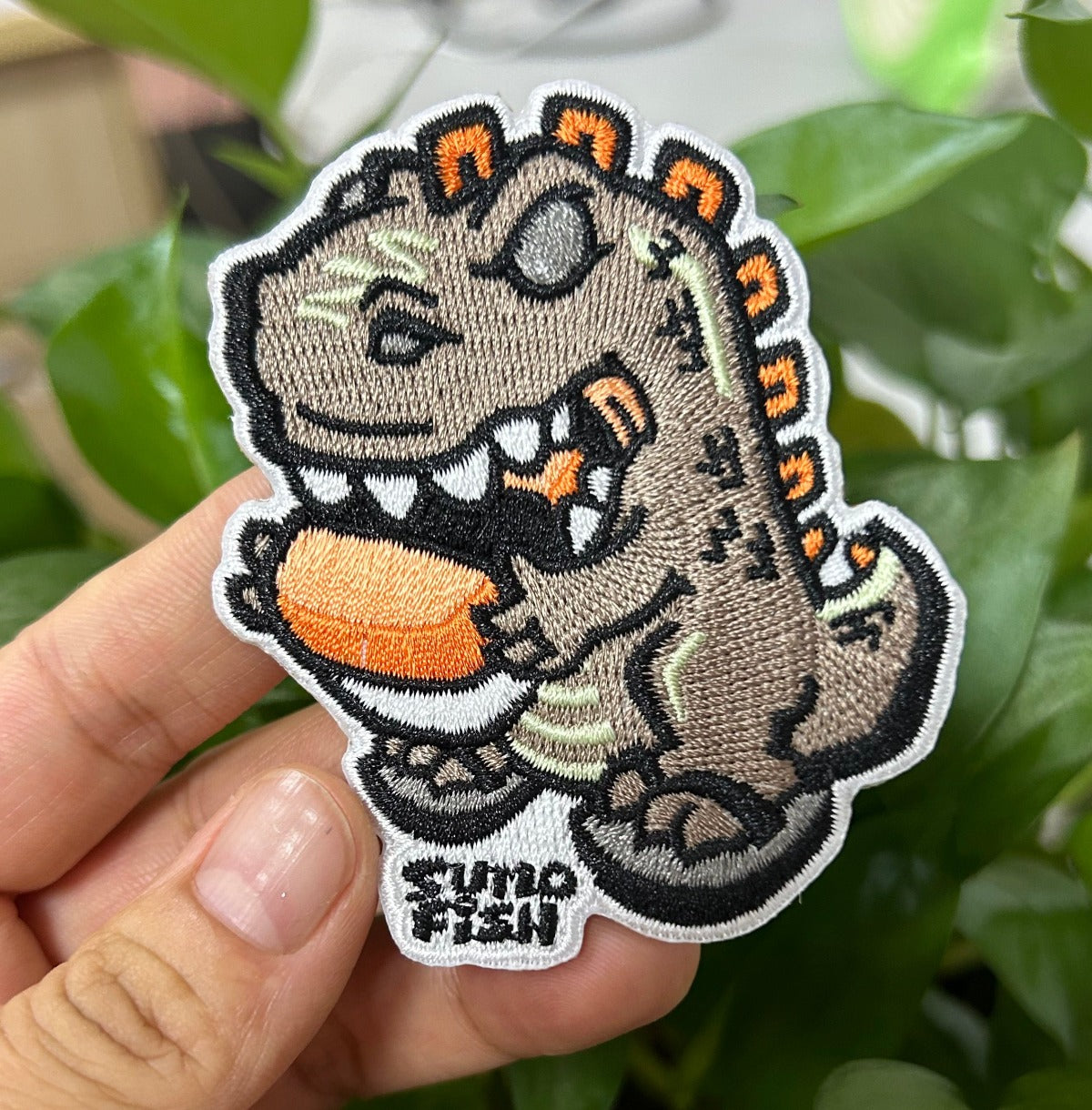 Sumofish Spamdino 2.6”W x 3”H, 100% Embroidery, Hook Velcro Patch
