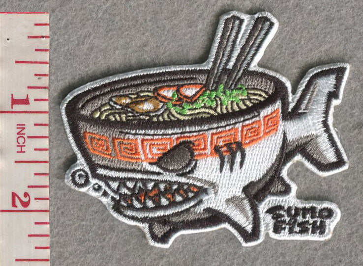 Sumofish Ramen Shark 2.95”W x 2.4”H, 100% embroidery, Hook Velcro Patch