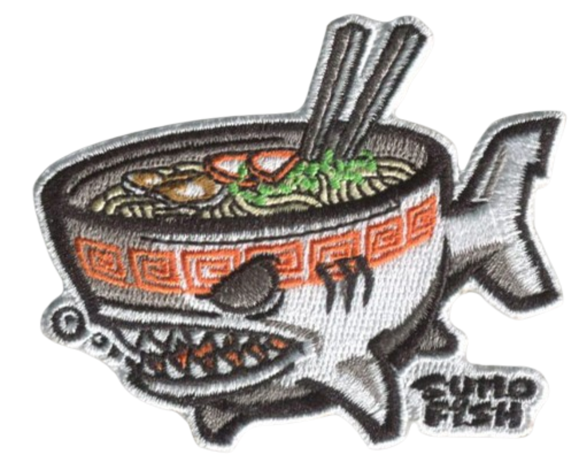 Sumofish Ramen Shark 2.95”W x 2.4”H, 100% embroidery, Hook Velcro Patch