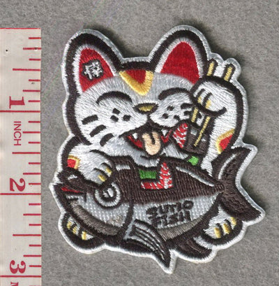 Sumofish Sashimi Neko 2.63”W x 3”H, 100% Embroidery, Hook Velcro Patch