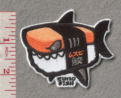 Sumofish Shark Musubi 3”W x 2.5”H, 100% Embroidery Hook Velcro Patch