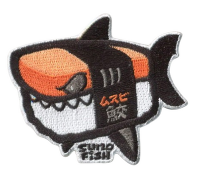 Sumofish Shark Musubi 3”W x 2.5”H, 100% Embroidery Hook Velcro Patch