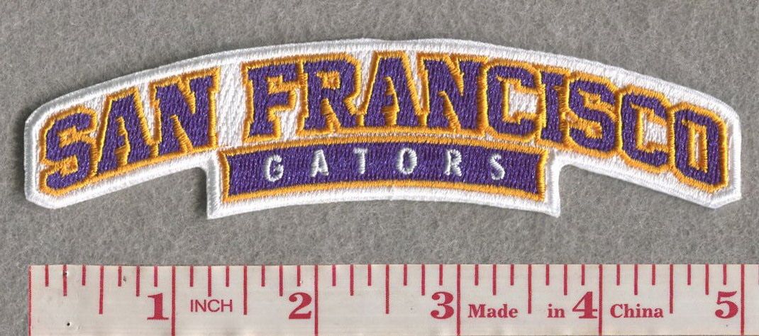 San Francisco Gators Arch Patch 5"W x 1.25"H, full embroidery, Velcro Hook Patch