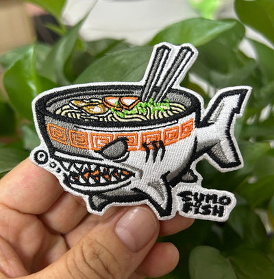 Sumofish Ramen Shark 2.95”W x 2.4”H, 100% embroidery, Hook Velcro Patch